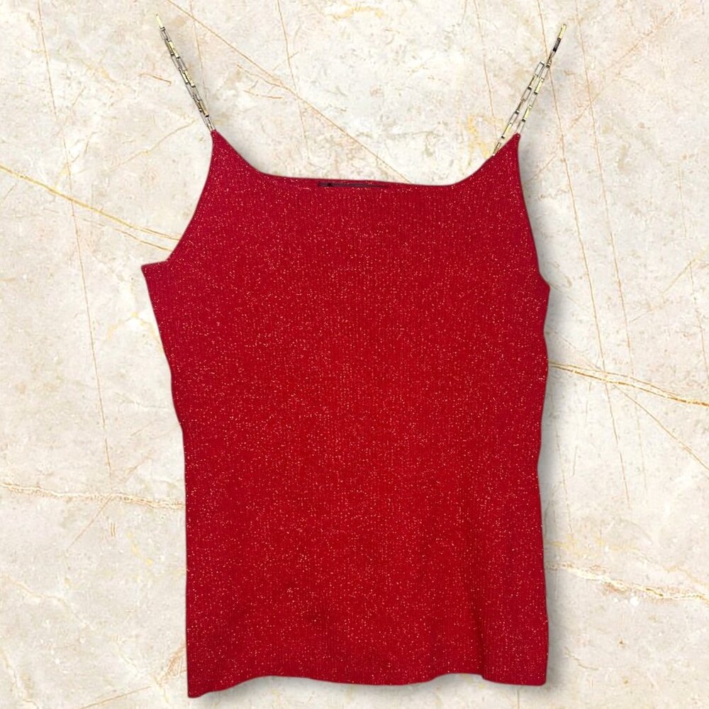 Vtg Silk Blend Michelle Antonelli Red Glittery‎ Metallic Tank Top Chain Straps